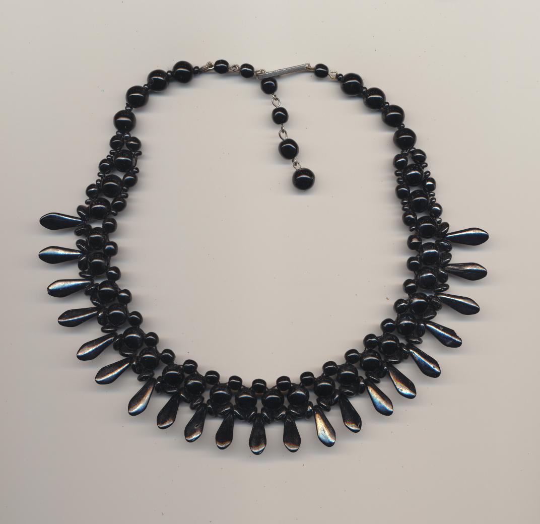Too stiff beaded vintage beadwork necklace made of black partially Aurora Borealis glass beads, m.p.West Germany, 1950's, length necklace 12'' 31cm., length extension chain 2.5'' 6.5cm.
